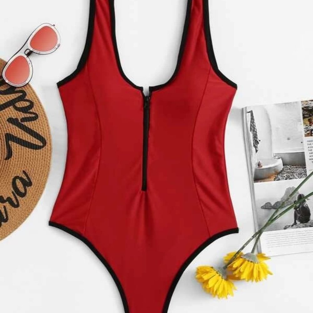 Contrast Trim Zip Front One Piece Swimsuit NWOT